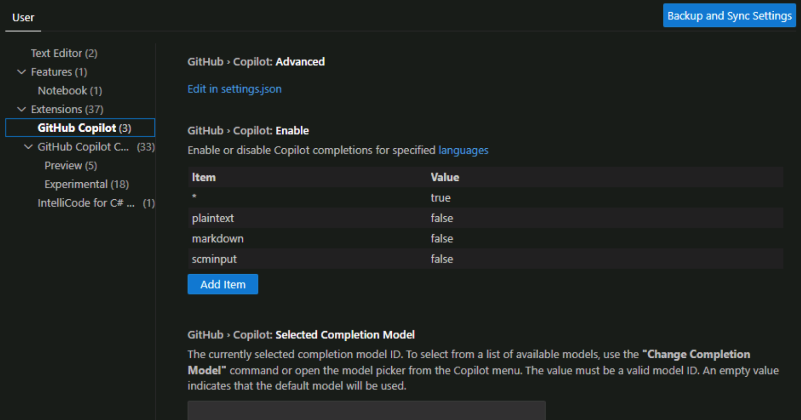 Screenshot mostrando as configurações de extensão GitHub Copilot.