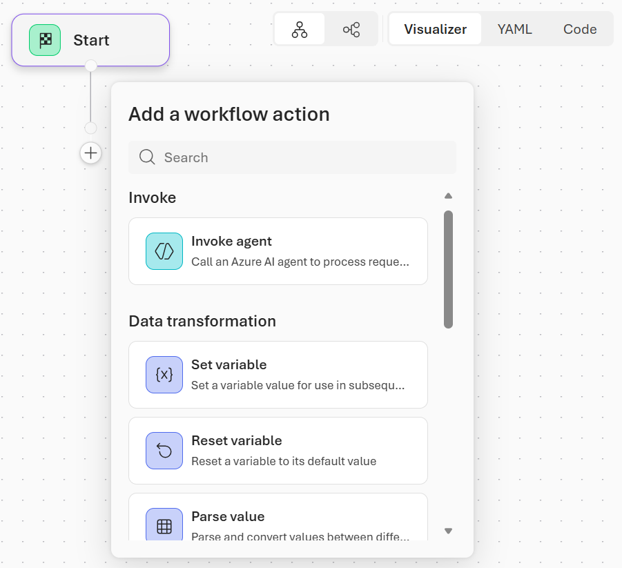 Captura de tela do designer de fluxo de trabalho do Microsoft Foundry mostrando os tipos de nó disponíveis.