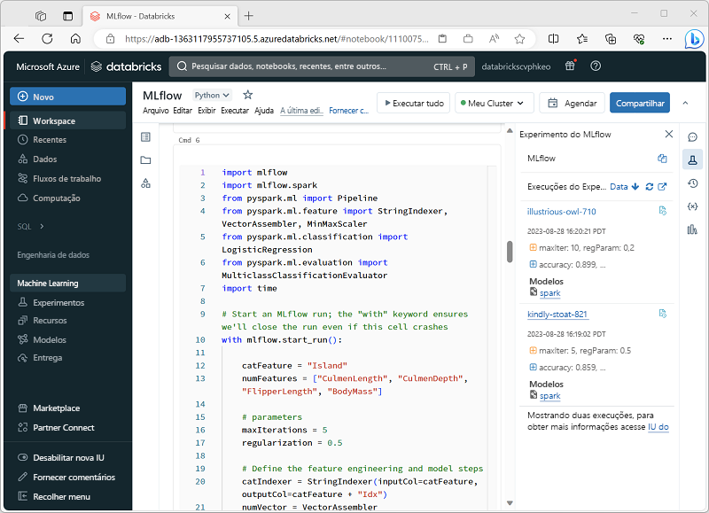 Captura de tela do portal do Azure Databricks para a persona do Machine Learning.