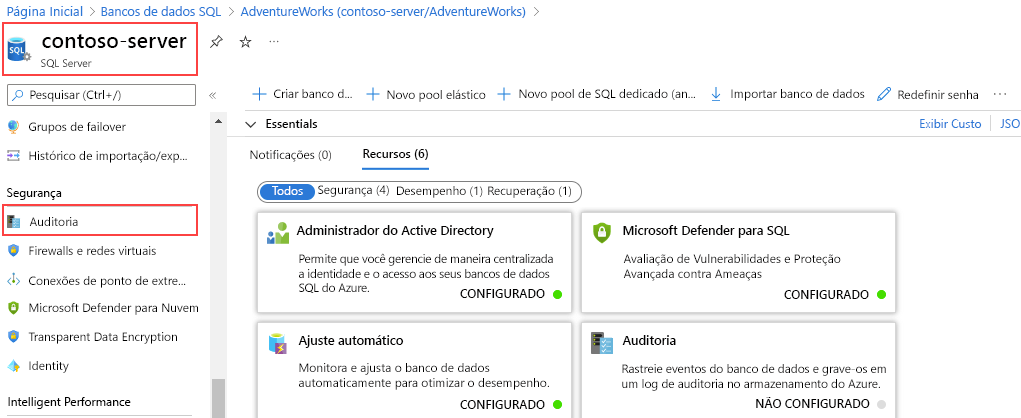 Captura de tela da opção de auditoria na seção Segurança de um servidor SQL.