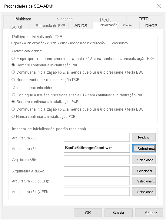 Uma captura de tela da caixa de diálogo Propriedades do SEA-ADM1 nos Serviços de Implantação do Windows. O administrador selecionou a guia Inicialização. A opção de inicialização Always Continue PXE está selecionada e a imagem de inicialização da arquitetura x64 é boot.wim.