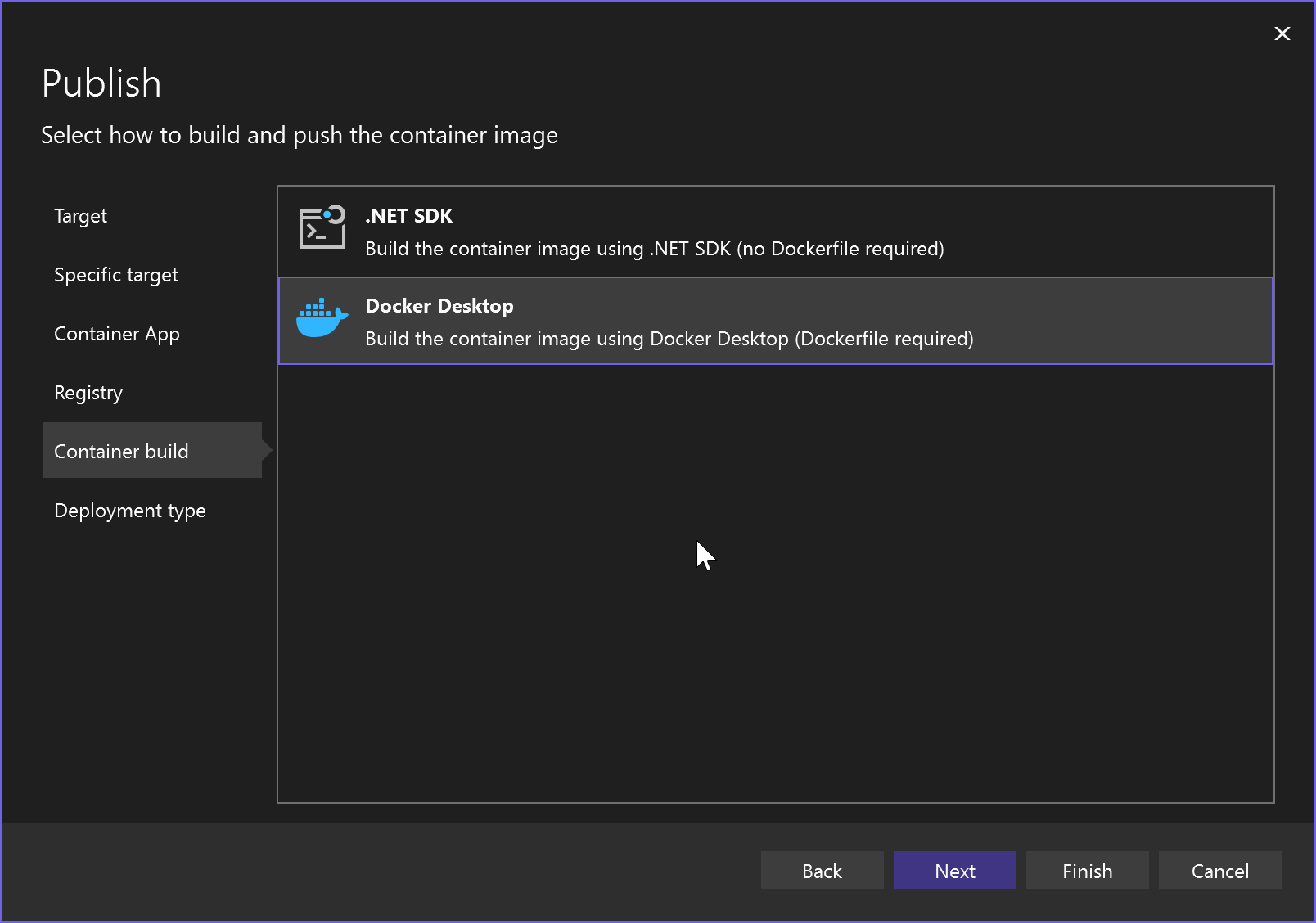 Captura de tela mostrando a escolha do tipo de build de contêiner, com o Docker Desktop selecionado.