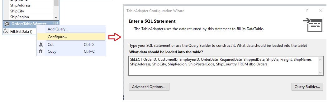 Captura de tela que mostra como acessar o Assistente de Configuração do Adaptador de Tabela no Visual Studio.