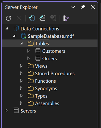 Captura de tela que mostra o nó Tabelas expandido.