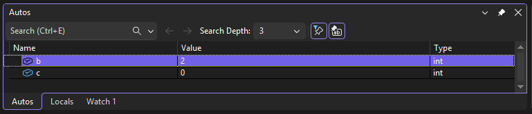 Captura de tela da janela Autos, com o valor de c definido como 0.