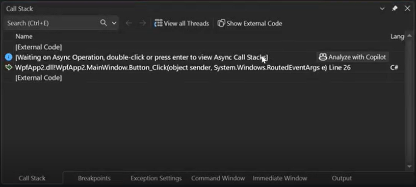 Captura de tela mostrando a análise da Janela de Pilha de Chamadas.