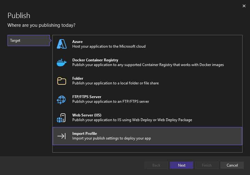 Screenshot da opção de importar configurações de publicação em Visual Studio.