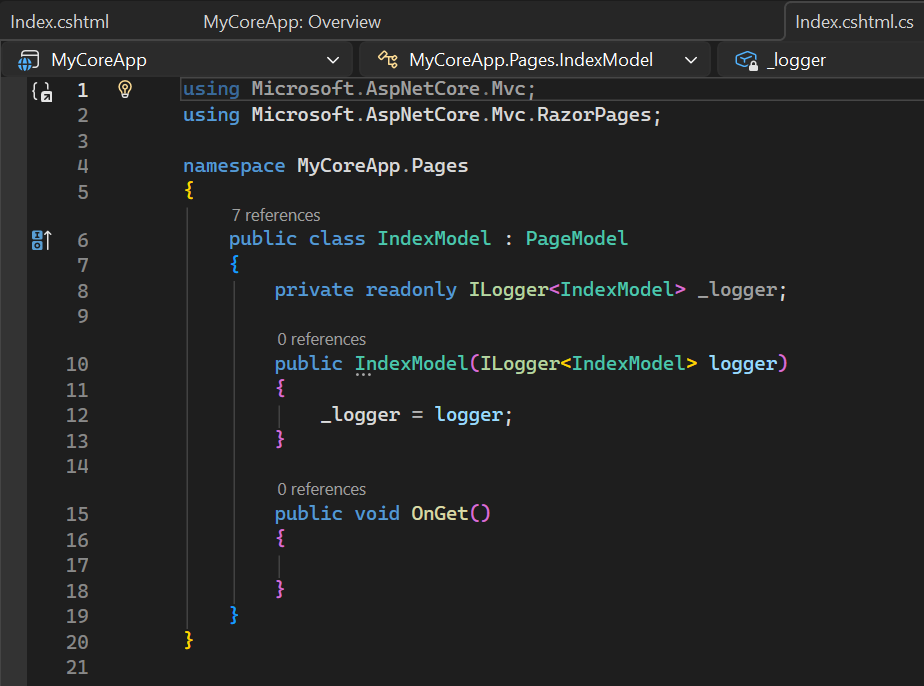 Captura de tela mostra o arquivo Index.cshtml.cs aberto no editor do Visual Studio Code.