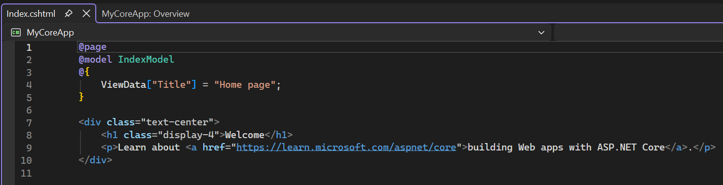 Captura de tela mostra o arquivo Index.cshtml aberto no editor do Visual Studio Code.