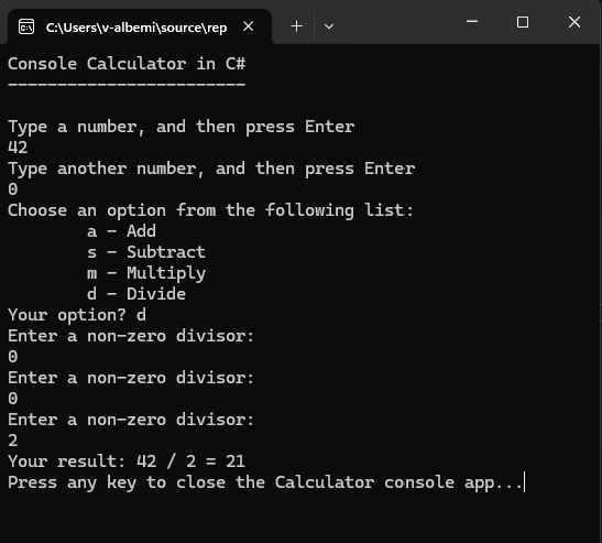 Captura de tela que mostra uma janela console com um prompt repetido para fornecer um número diferente de zero.