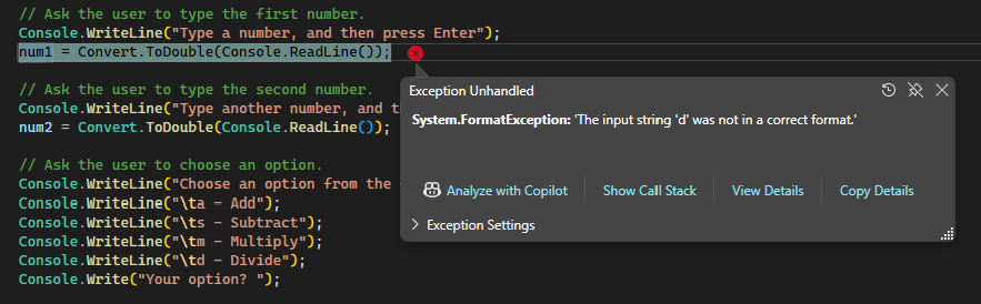Captura de tela que mostra um erro de formato sem tratamento no editor do Visual Studio Code.
