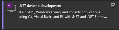 Captura de tela que mostra a carga de trabalho de desenvolvimento da área de trabalho do .NET no Instalador do Visual Studio.