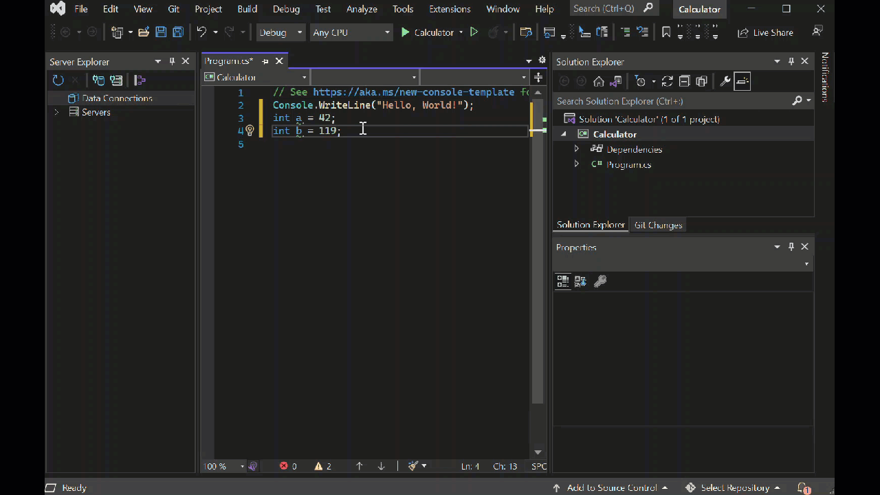 Animação do código matemático inteiro que mostra o recurso de preenchimento automático do IntelliSense no IDE do Visual Studio.
