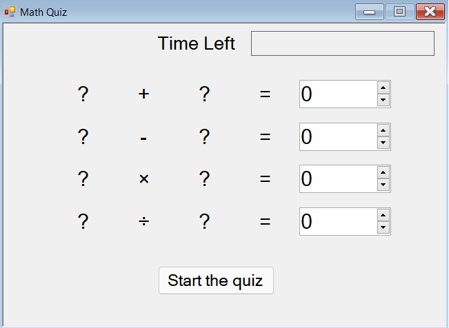 Captura de tela que mostra um teste de matemática com quatro linhas de problemas e um botão iniciar.