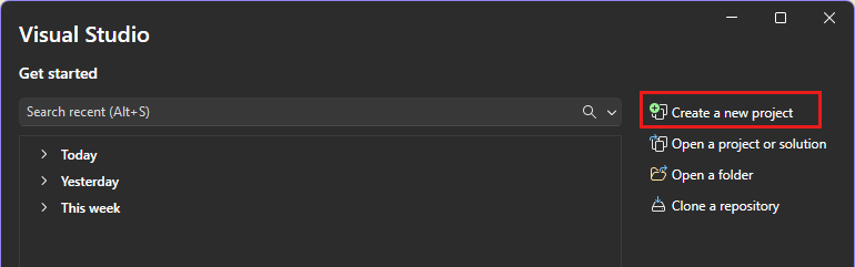 Captura de tela que mostra a opção Criar um novo projeto na janela inicial do Visual Studio.