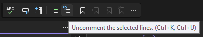 Captura de tela do botão Descomentar na barra de ferramentas do Editor de Texto no Visual Studio.