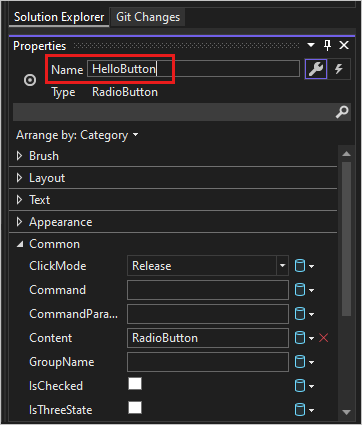 Screenshot que mostra a janela de Propriedades do Gerenciador de Soluções no Visual Studio 2022 para o RadioButton 'HelloButton'.