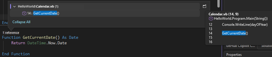Screenshot que mostra o CodeLens em Visual Studio.