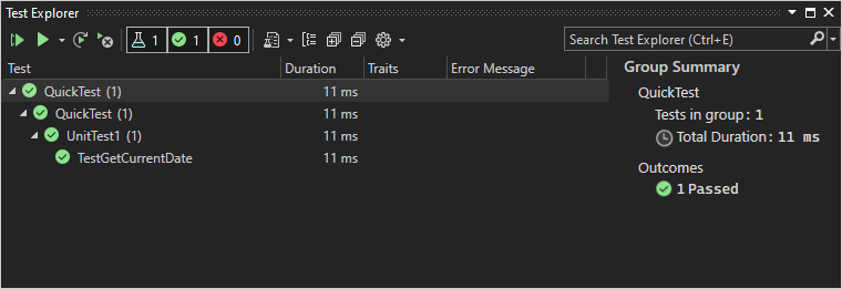 Screenshot do Gerenciador de Testes no Visual Studio mostrando que o teste TestGetCurrentDate passou.