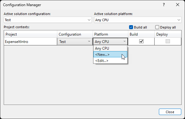 Captura de tela mostrando a criação de uma nova plataforma de projeto no Configuration Manager.