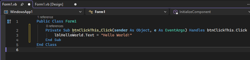Captura de tela mostra uma classe na guia Form1.vs, na qual você pode adicionar o código do Visual Basic.