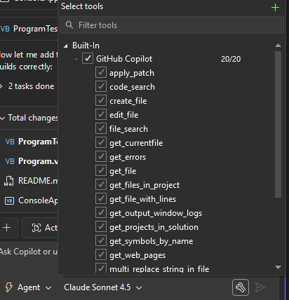 Screenshot que mostra o seletor de ferramentas para o Copilot agent.