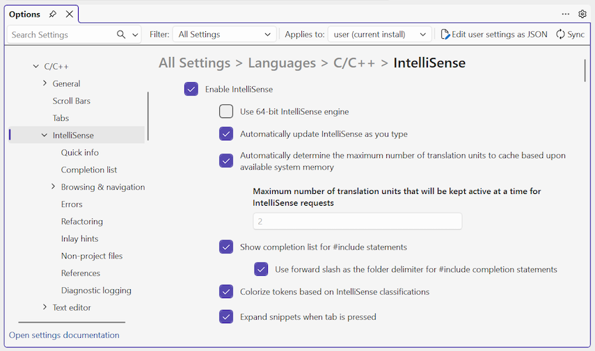 Captura de tela que mostra as opções do IntelliSense para C++ na caixa de diálogo Opções de Ferramentas.