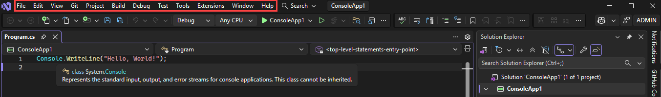 Screenshot da barra de menus em Visual Studio.