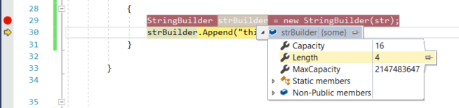 Captura de tela da janela de código do Visual Studio. Na linha de código marcada em amarelo, uma variável é selecionada e uma lista suspensa mostra seu valor e referências atuais.
