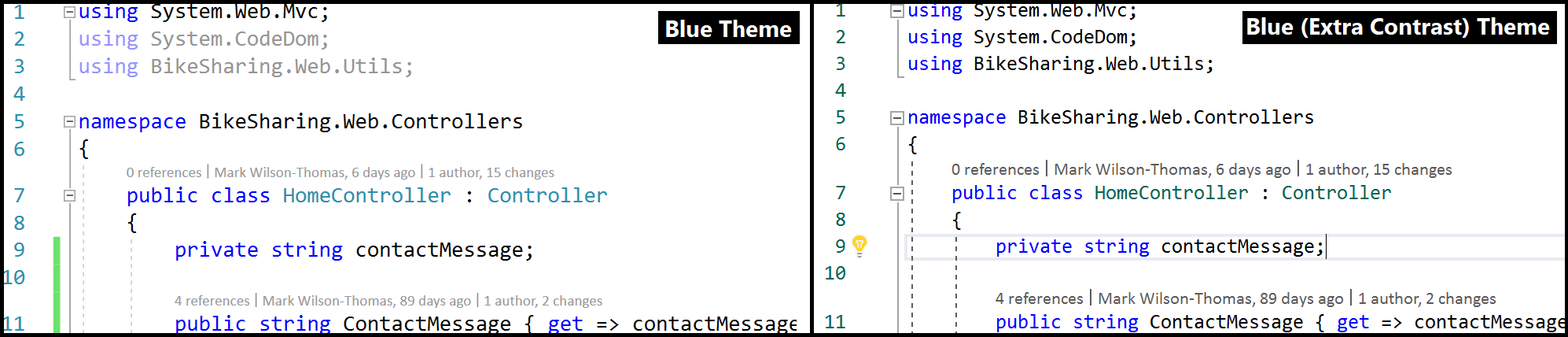 Captura de tela que mostra uma comparação do tema Azul e do tema Blue Extra Contrast.