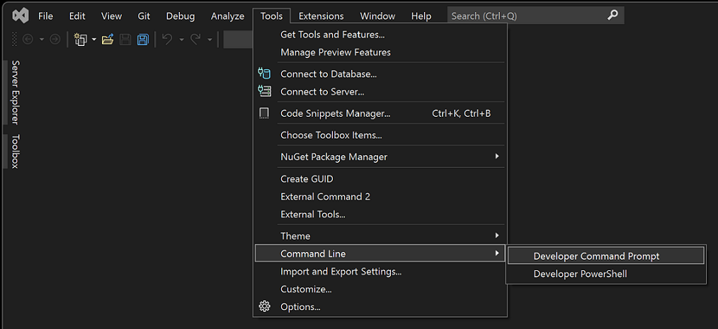 Captura de tela do menu Linha de Comando no Visual Studio.