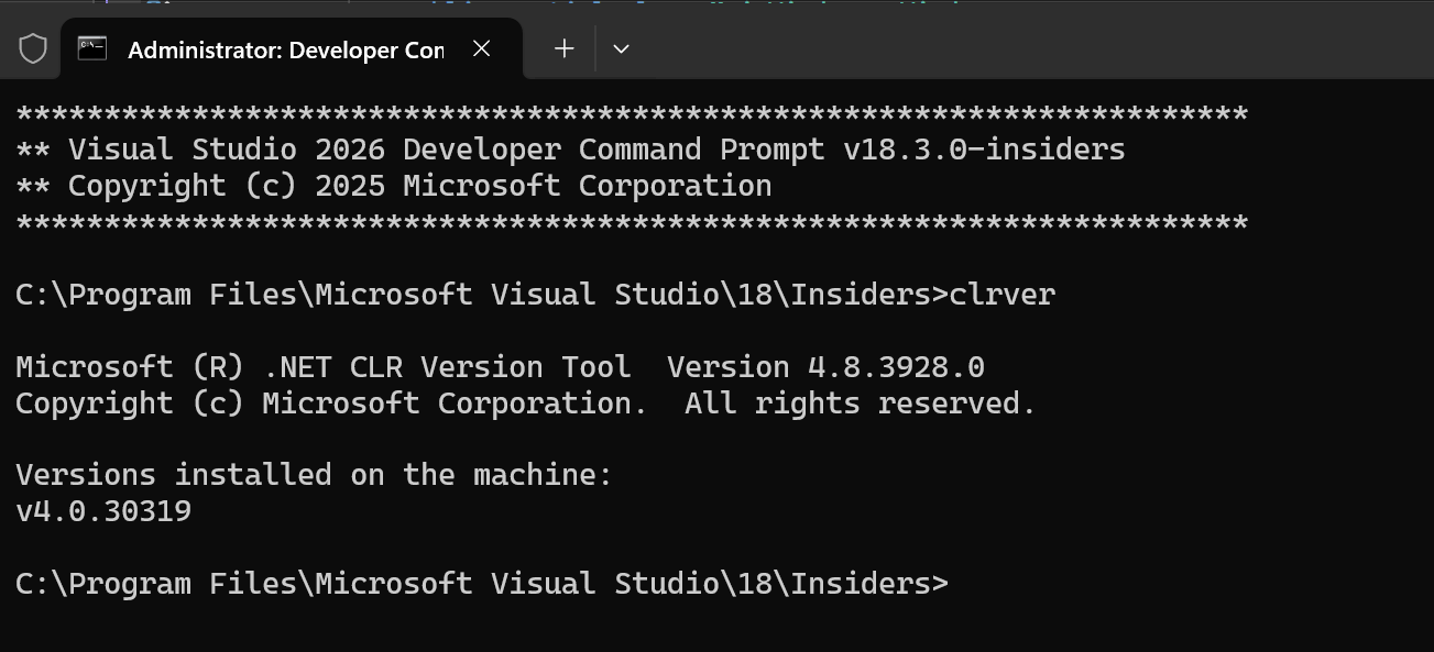 Captura de tela do Prompt de Comando do Desenvolvedor para Visual Studio.