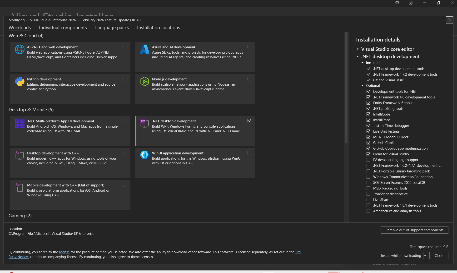 Captura de tela da guia Cargas de Trabalho do Instalador do Visual Studio.