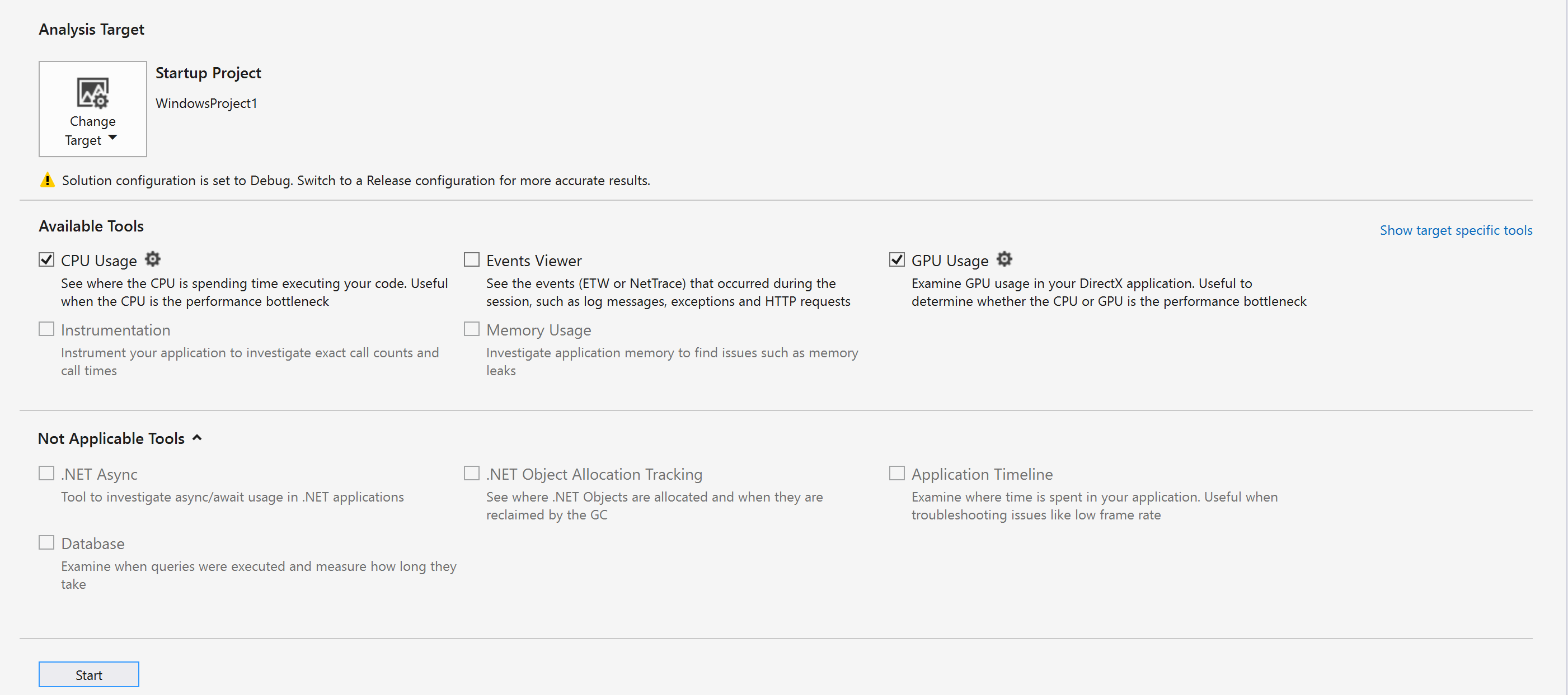 Captura de tela do Criador de Perfil de Desempenho, com uso de GPU selecionado