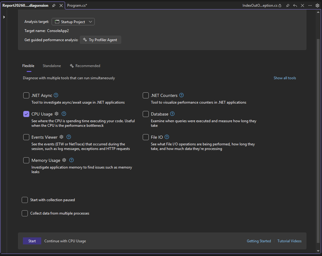 Captura de tela que mostra Selecionar Uso da CPU.