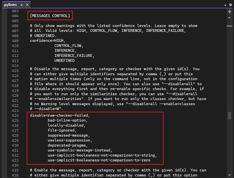 Captura de tela mostrando a configuração de desabilitação na seção CONTROLE DE MENSAGENS do arquivo pylintrc no Visual Studio.