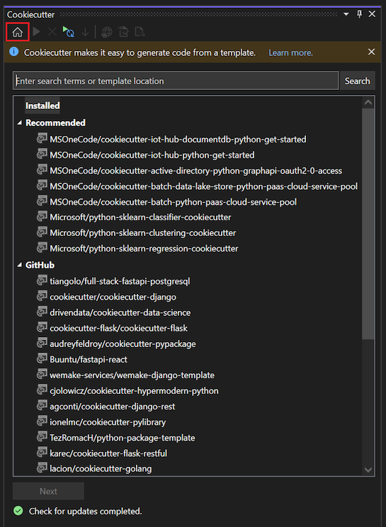 Captura de tela que mostra a home page do Cookiecutter Explorer no Visual Studio com modelos listados para as categorias Recomendado e GitHub.