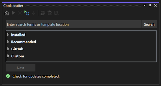 Captura de tela que mostra a janela principal do Cookiecutter Explorer no Visual Studio.