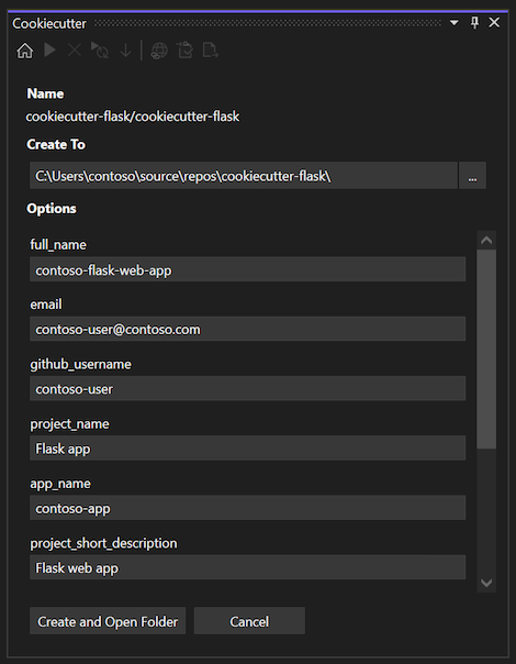 Captura de tela que mostra as opções para um modelo recém-instalado e clonado no Cookiecutter Explorer no Visual Studio.