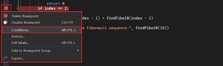 Captura de tela mostrando como selecionar a opção para configurar condições de um ponto de interrupção no Visual Studio.