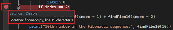 Captura de tela mostrando como desabilitar um ponto de interrupção na margem esquerda do arquivo de código no Visual Studio.