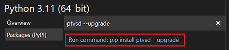 Captura de tela mostrando como selecionar o comando de atualização ptvsd na janela Ambientes do Python.