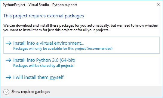 Captura de tela que mostra a caixa de diálogo para instalar pacotes para um modelo de projeto no Visual Studio.