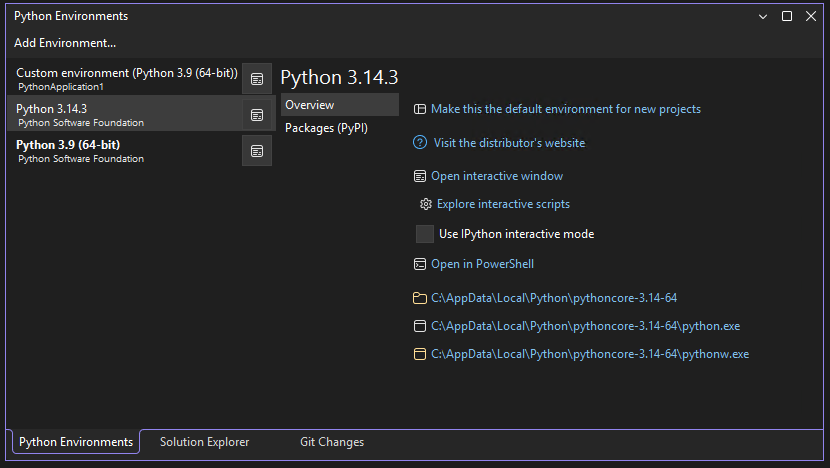 Captura de tela que mostra a exibição expandida da janela Ambientes do Python no Visual Studio.