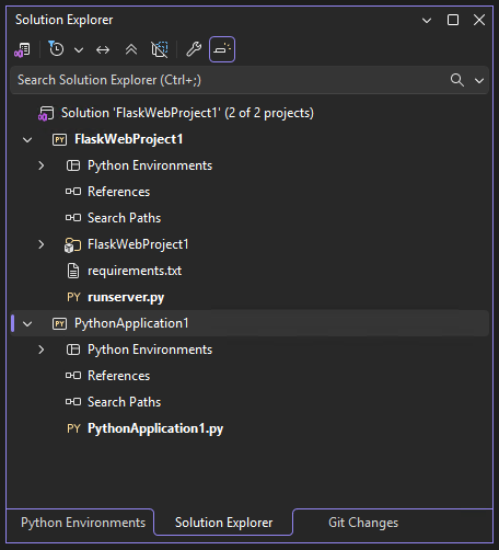 Captura de tela que mostra uma solução do Visual Studio que contém projetos python e Flask no Gerenciador de Soluções.
