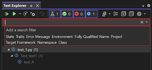 Captura de tela que mostra como filtrar a exibição de testes no Gerenciador de Testes usando o campo Pesquisa.