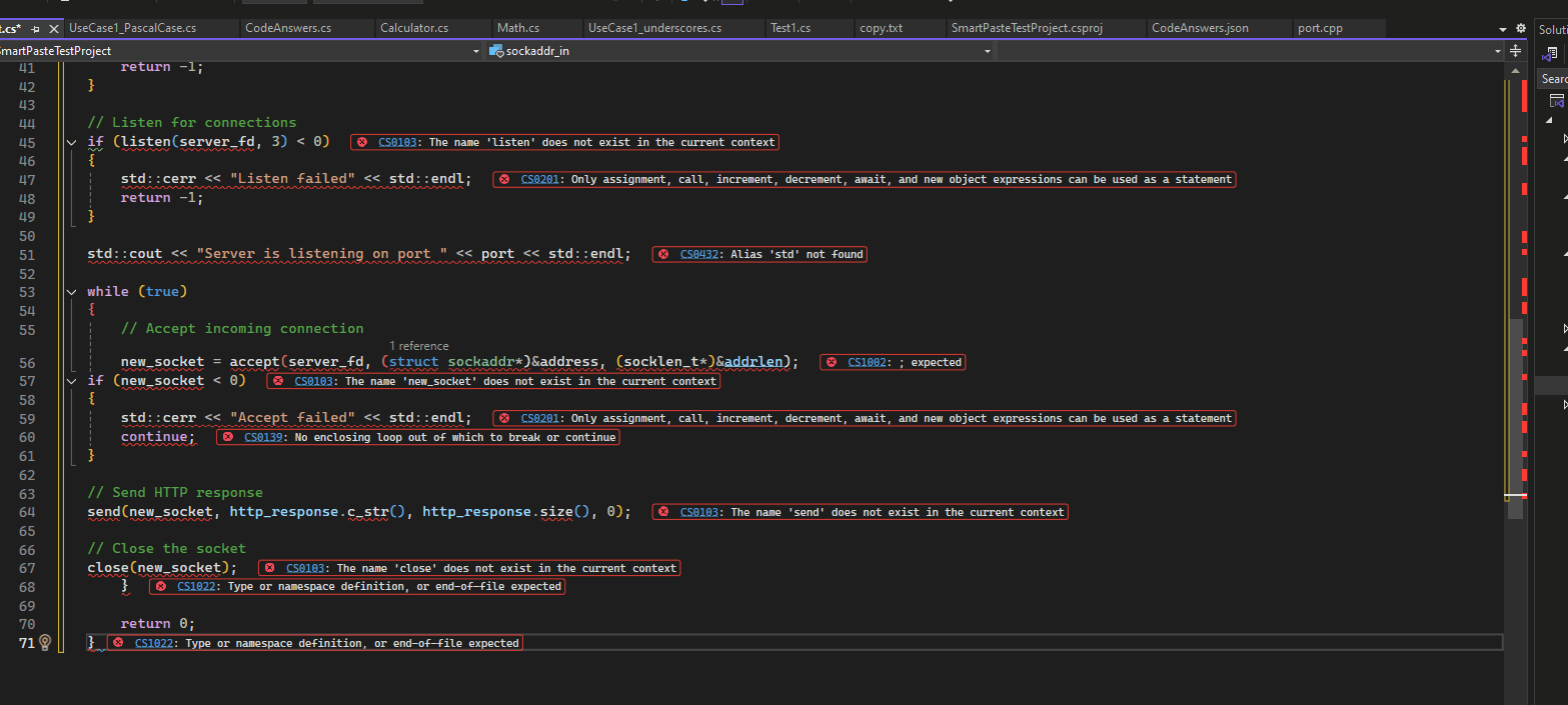 Vídeo mostrando colagem adaptável traduzindo código C++ para C# durante a colagem