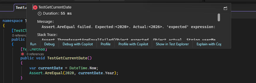 A captura de tela mostra o ícone do C++ CodeLens depois de selecioná-lo para obter detalhes no Visual Studio.