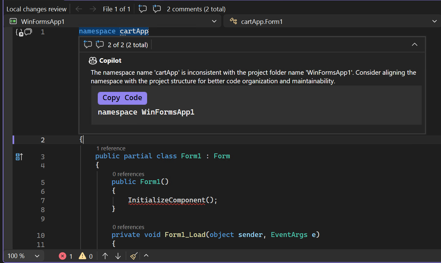 Captura de tela mostrando o comentário de revisão de código do GitHub.