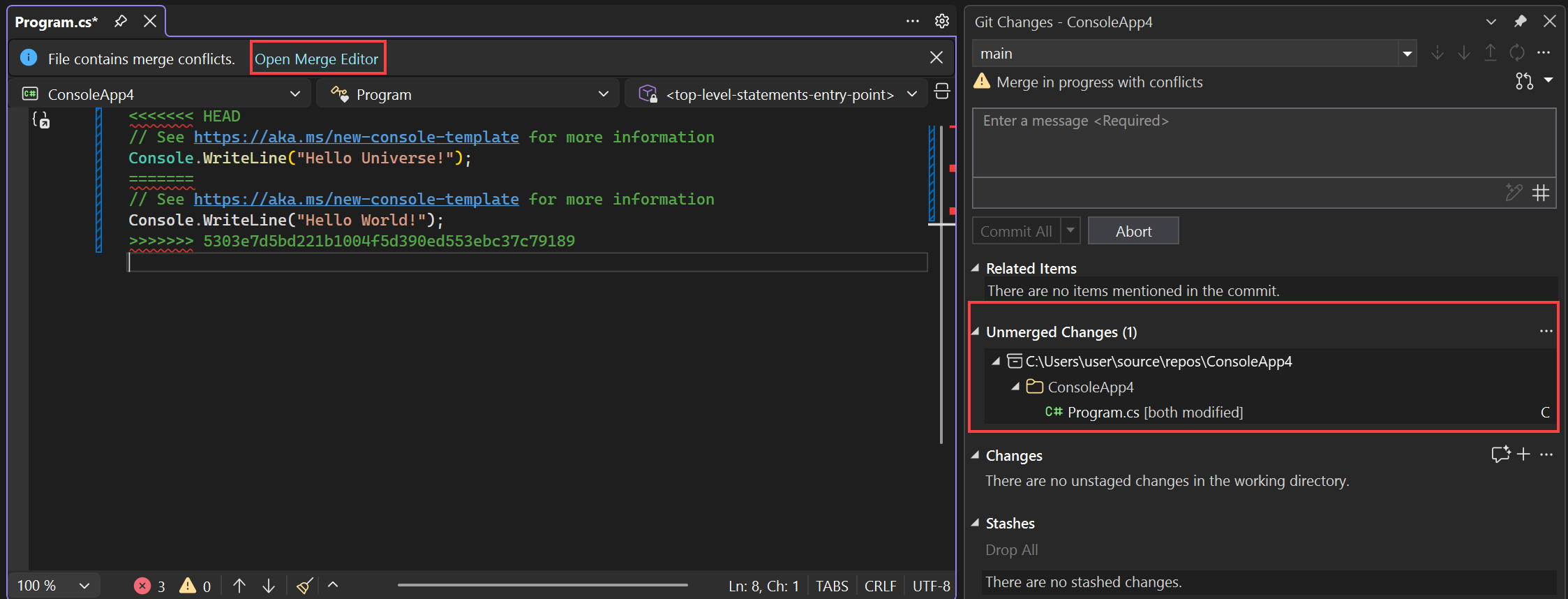 Captura de tela que mostra o status do conflito de mesclagem na janela Alterações do Git.